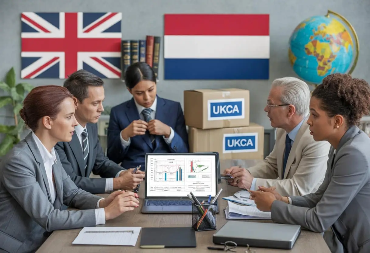 Een groep professionals bespreekt juridische aspecten van export naar het Verenigd Koninkrijk in een kantooromgeving met Nederlandse en Britse vlaggen zichtbaar.