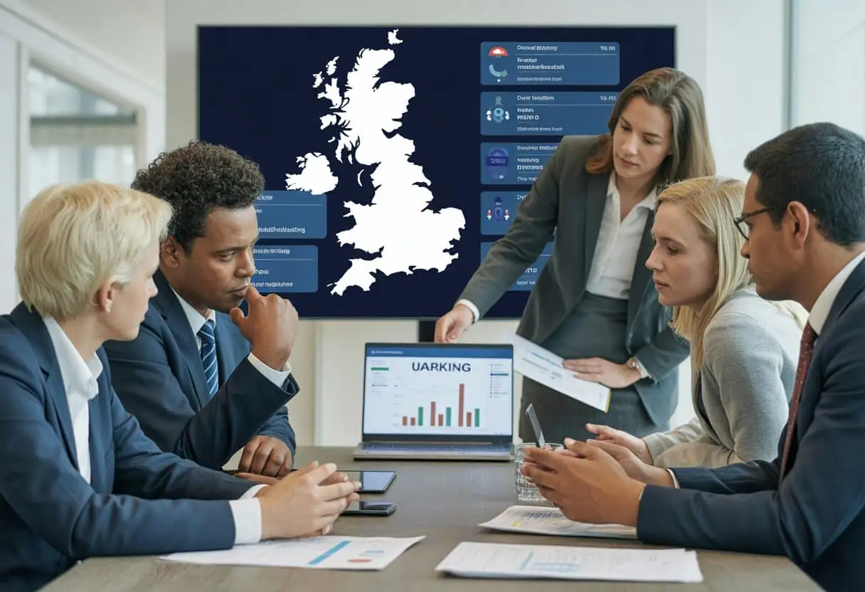 Een groep Nederlandse fabrikanten bespreekt export en regelgeving voor de Britse markt in een kantooromgeving.