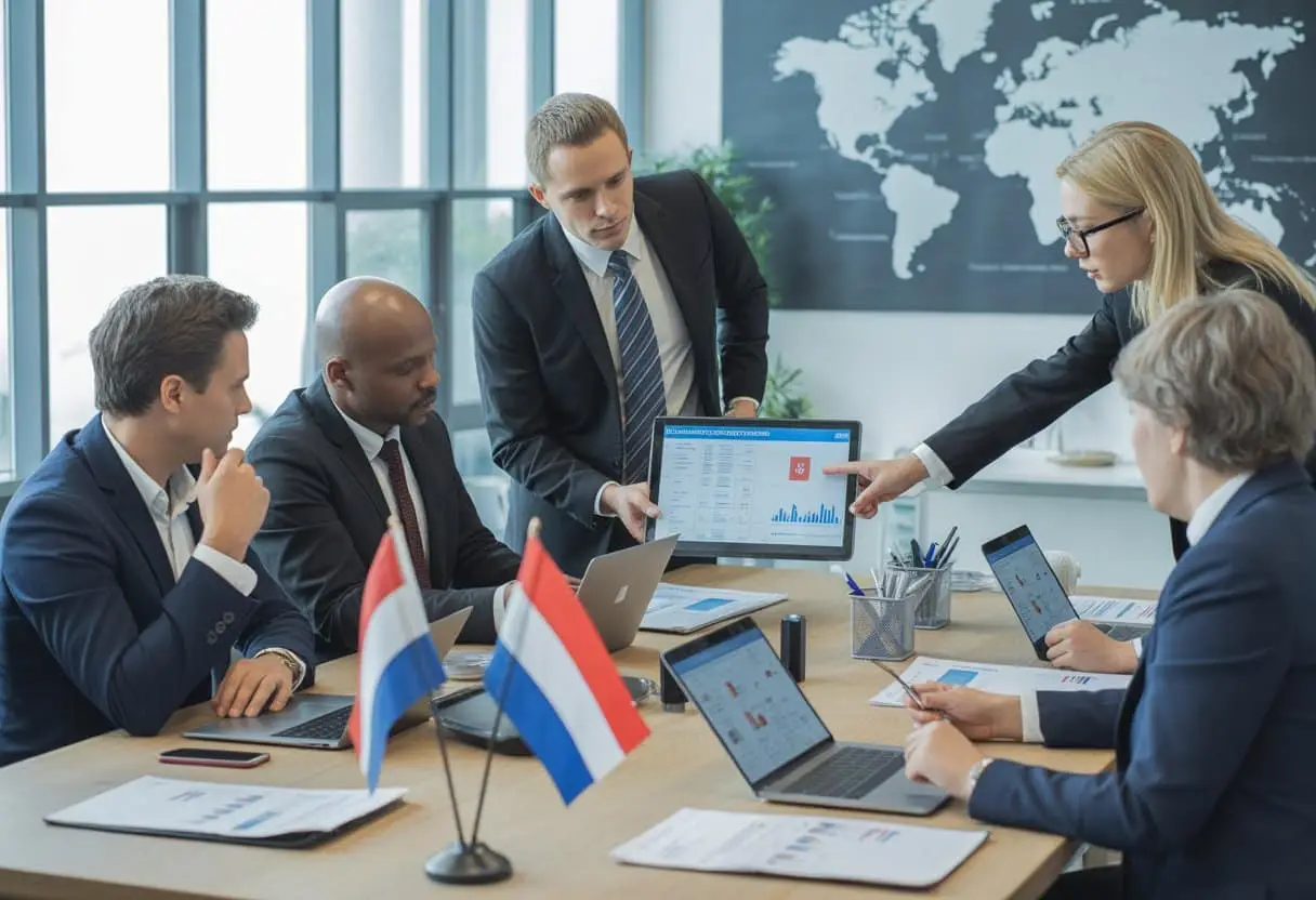 Een groep Nederlandse fabrikanten bespreekt samen exportregels naar het Verenigd Koninkrijk in een kantooromgeving.