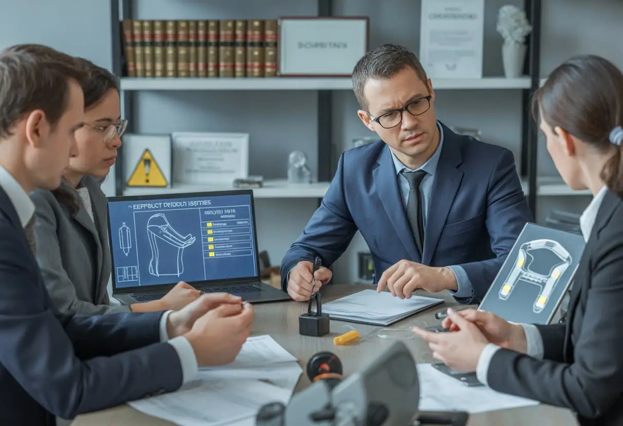 Product non-compliant? Juridische risico’s bij gebrekkige CE-markering en onjuiste instructies 1 Een groep professionals bespreekt juridische risico’s rond productveiligheid in een moderne kantoorruimte.