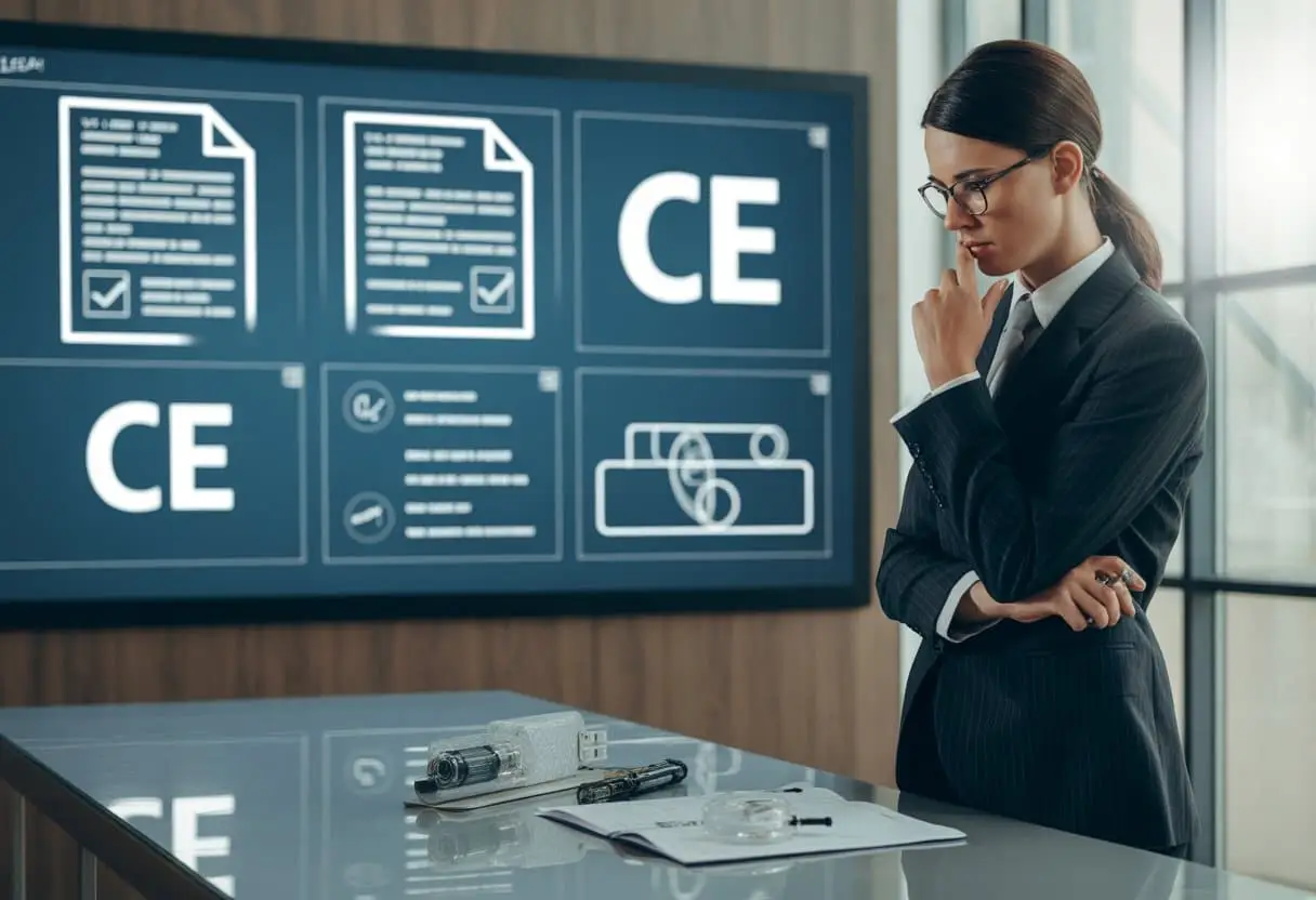 Product non-compliant? Juridische risico’s bij gebrekkige CE-markering en onjuiste instructies 2 Een zakelijke professional onderzoekt producten en documenten in een modern kantoor, met symbolen van CE-markering en juridische documenten op een scherm op de achtergrond.
