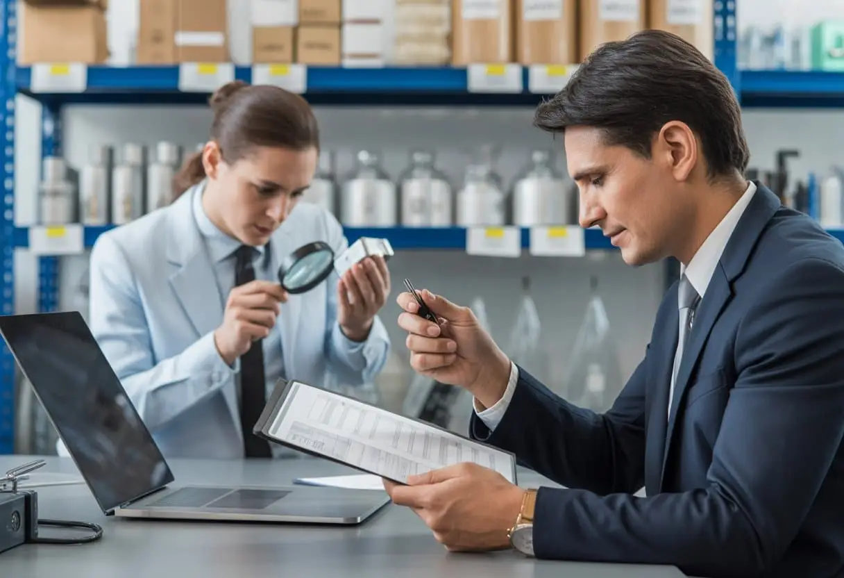Product non-compliant? Juridische risico’s bij gebrekkige CE-markering en onjuiste instructies 3 Een zakelijk persoon bekijkt productdocumenten terwijl een kwaliteitscontroleur een product onderzoekt in een moderne kantooromgeving.