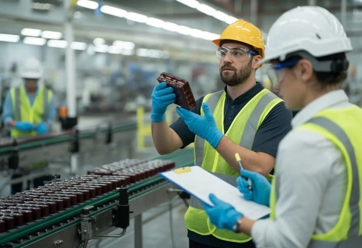 Werknemers in een fabriek controleren producten op de productielijn, waarbij één persoon een product inspecteert en een ander aantekeningen maakt.