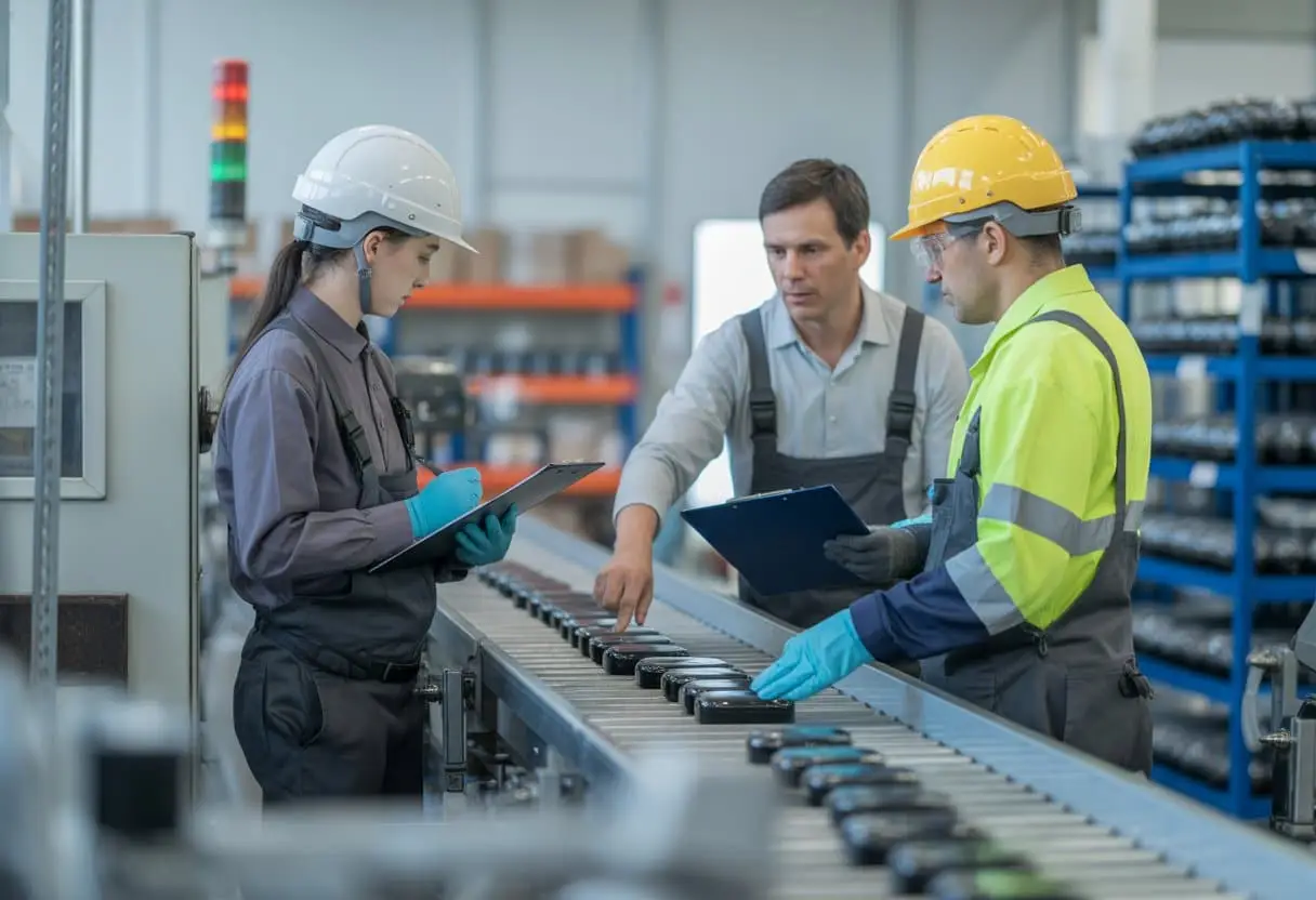 Werknemers in een fabriek controleren producten op een lopende band, waarbij sommige producten worden geselecteerd voor terughaalactie.