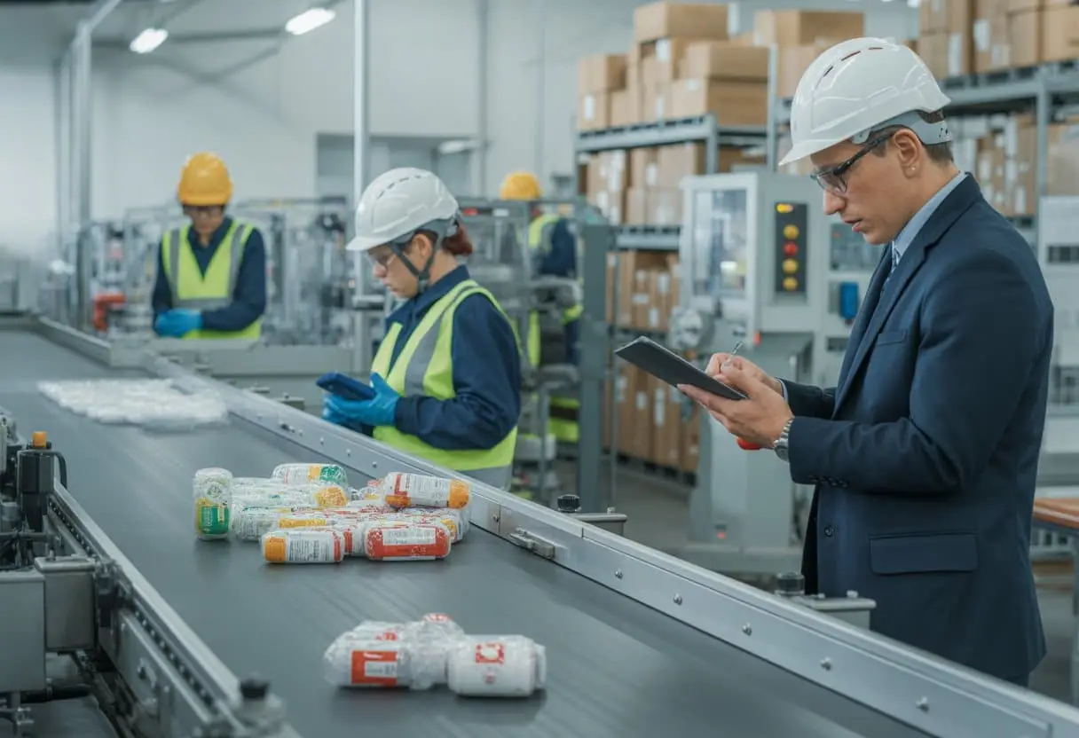 Een fabriekshal waar werknemers producten inspecteren en een manager documenten bekijkt bij een productterughaalproces.