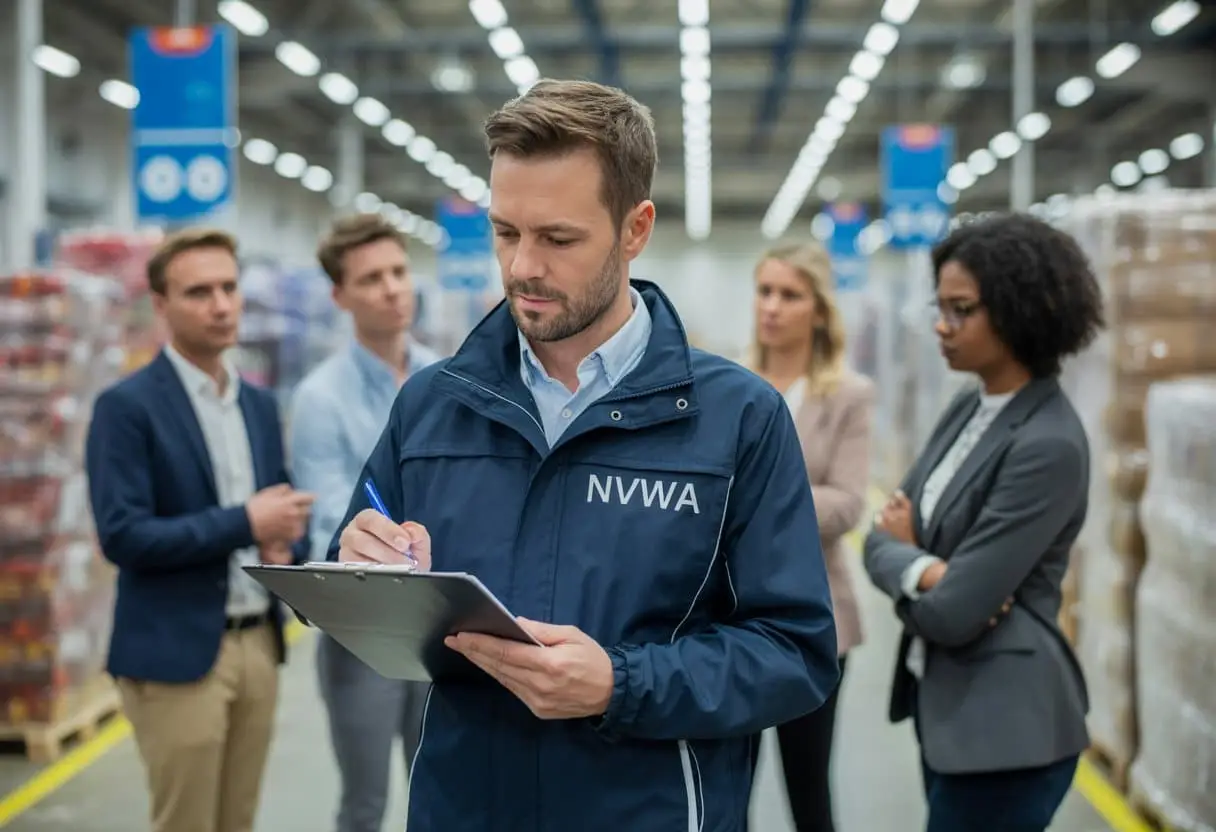 Een NVWA-inspecteur controleert producten in een magazijn terwijl producenten en importeurs toekijken.