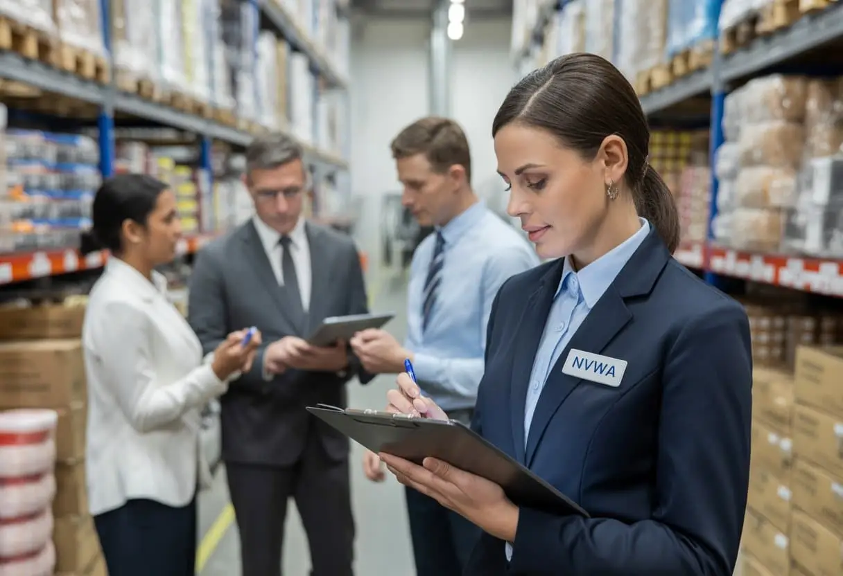 Een inspecteur van de NVWA controleert producten in een magazijn terwijl producenten en importeurs samenwerken.