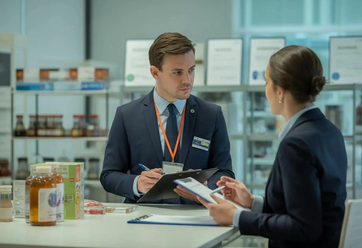 Een inspecteur praat met een producent of importeur in een kantoor met producten en documenten op een tafel.