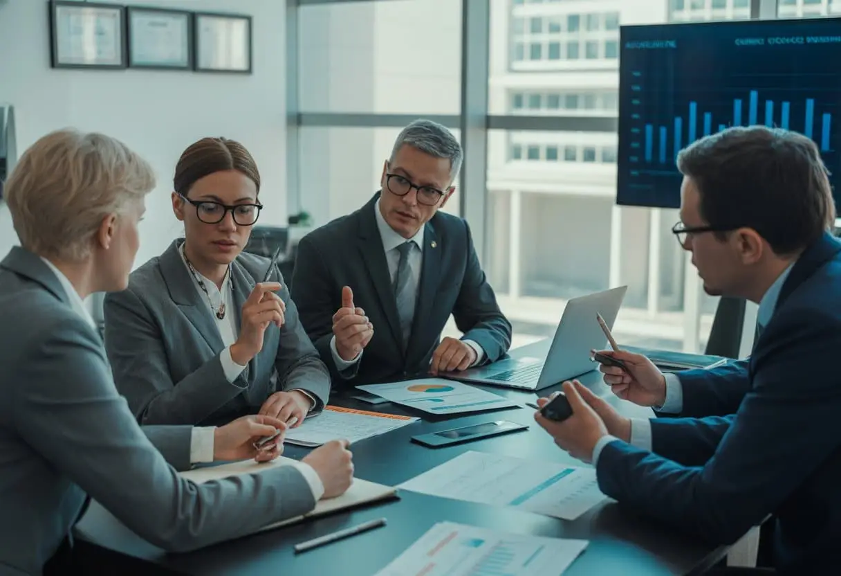 Een groep professionals bespreekt documenten en strategieën in een kantooromgeving.