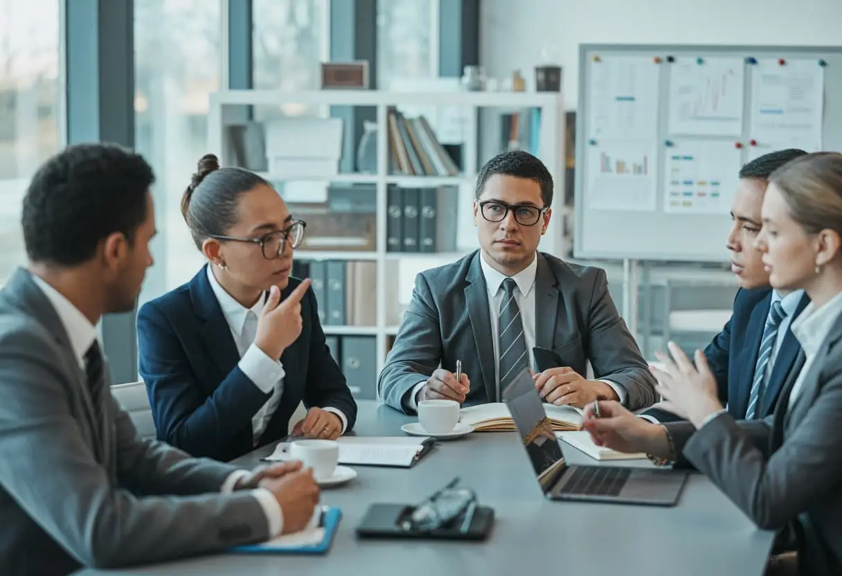 Een zakelijke vergadering met professionals rond een tafel in een modern kantoor, die een serieus gesprek voeren over juridische zaken.