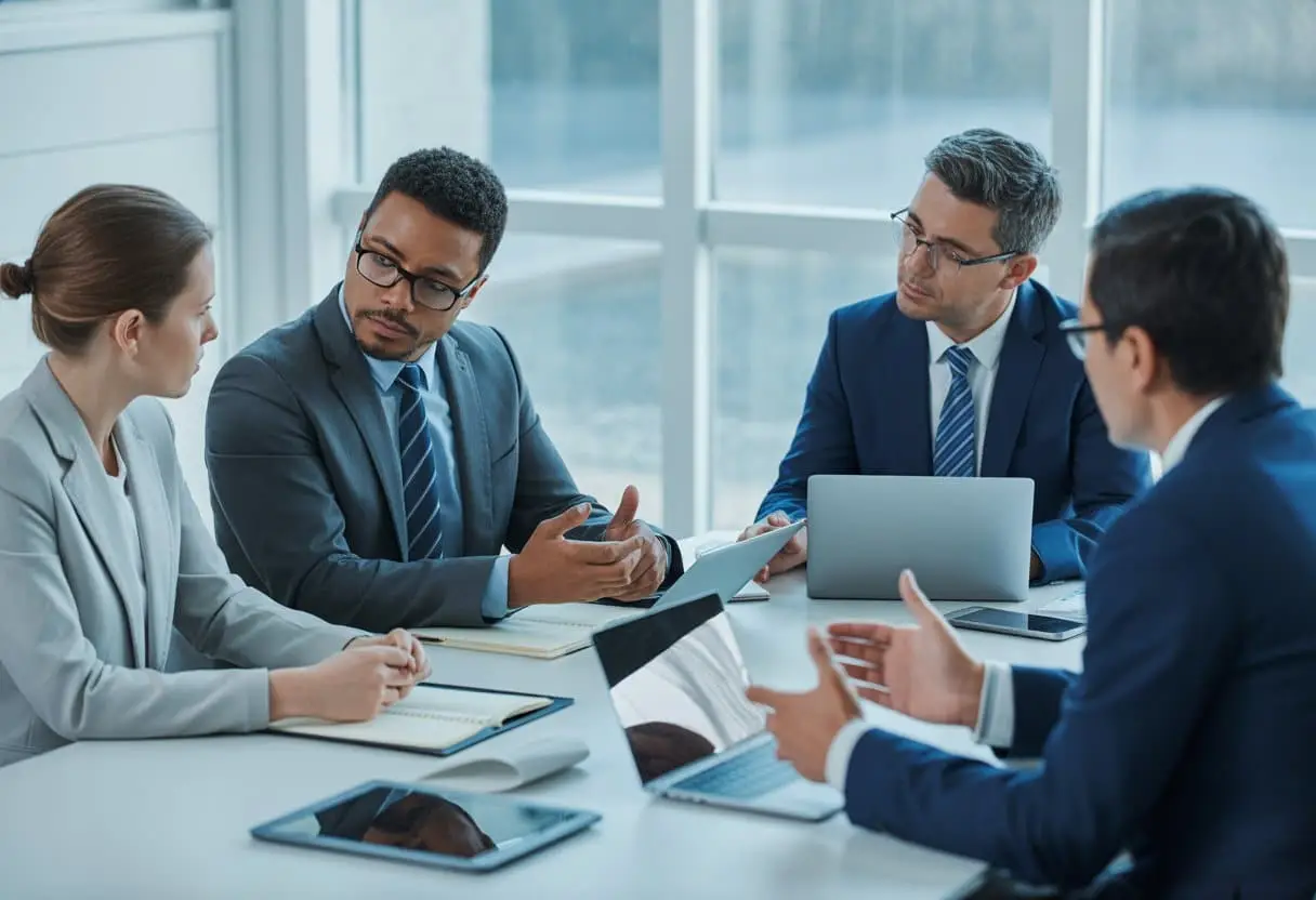 Een zakelijke vergadering waarbij professionals een inspectie en toezicht bespreken in een moderne kantooromgeving.