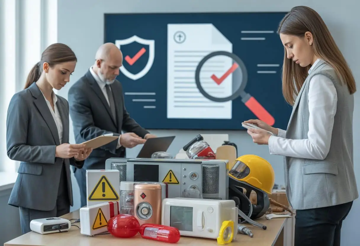 Professionals die verschillende consumentenproducten inspecteren met waarschuwingstekens in een moderne kantooromgeving.