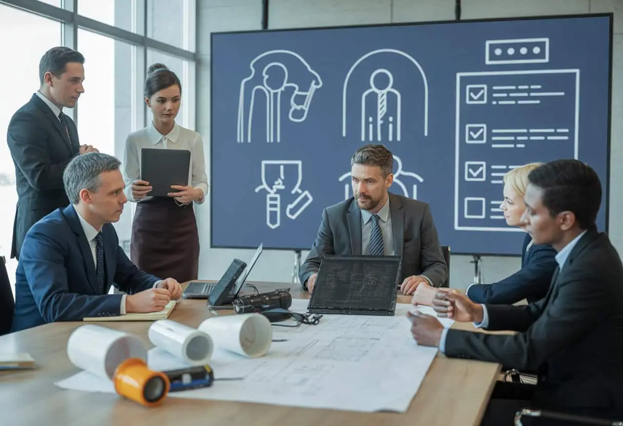 Een groep professionals in een kantoor bespreekt documenten en producten, met een scherm op de achtergrond dat juridische symbolen en een checklist toont.