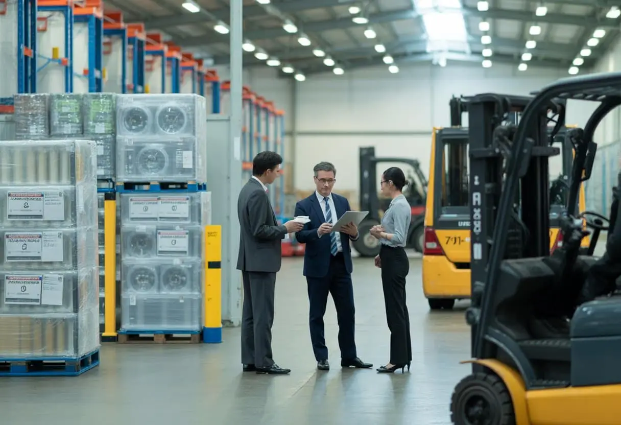 Een groep professionals bespreekt logistiek en opslag van technische producten in een magazijnomgeving.