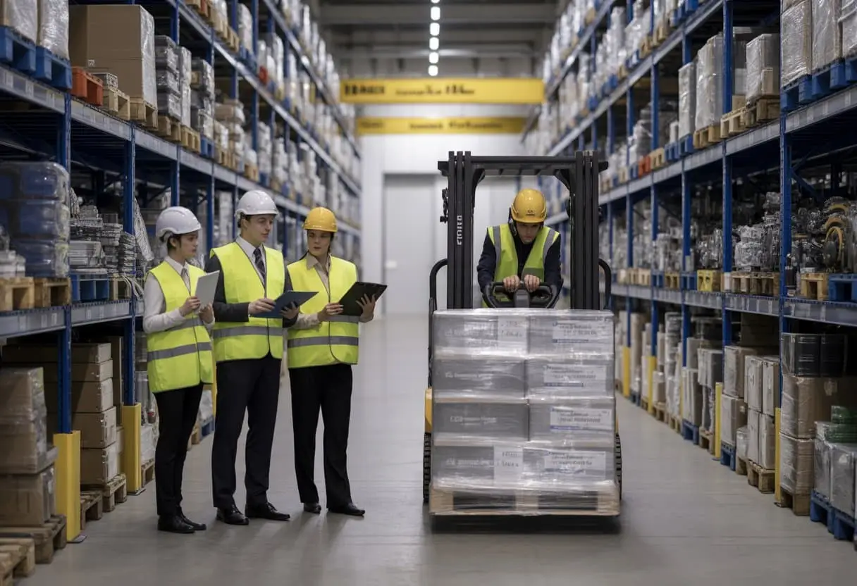 Professionals inspecteren een magazijn met technische producten terwijl een heftruck een pallet verplaatst.