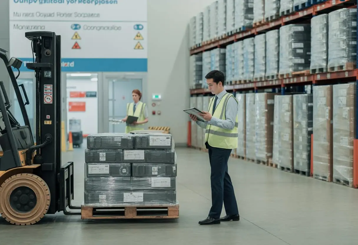 Een zakelijke professional bekijkt documenten in een magazijn met technische producten, terwijl een heftruck pallets verplaatst in een georganiseerde opslagruimte.
