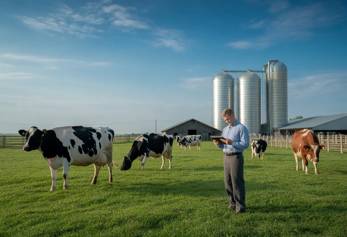 Een boer staat op een weiland met koeien bij een moderne melkveehouderij en bekijkt documenten.