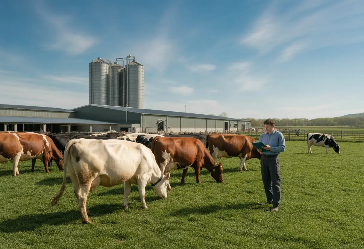 Boer die vee inspecteert op een groene weide met koeien en landbouwgebouwen op de achtergrond.