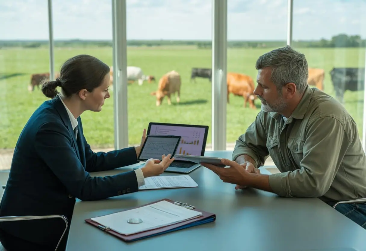 Een juridische adviseur bespreekt met een boer documenten over stikstofbeleid in een kantoor met uitzicht op een veehouderij en landbouwgrond.