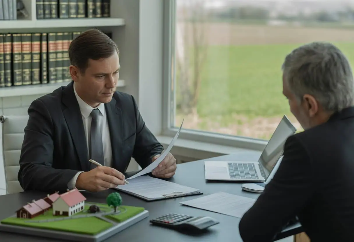 Een advocaat en een cliënt bespreken juridische documenten over de overdracht van agrarische grond in een kantoor met uitzicht op landbouwgrond.
