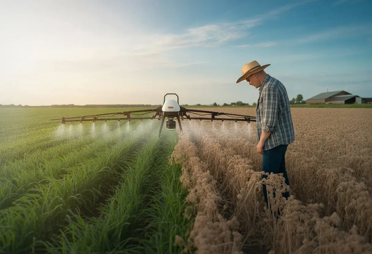 Een boer onderzoekt beschadigde gewassen naast gezonde gewassen in een landbouwveld met een drone op de achtergrond.