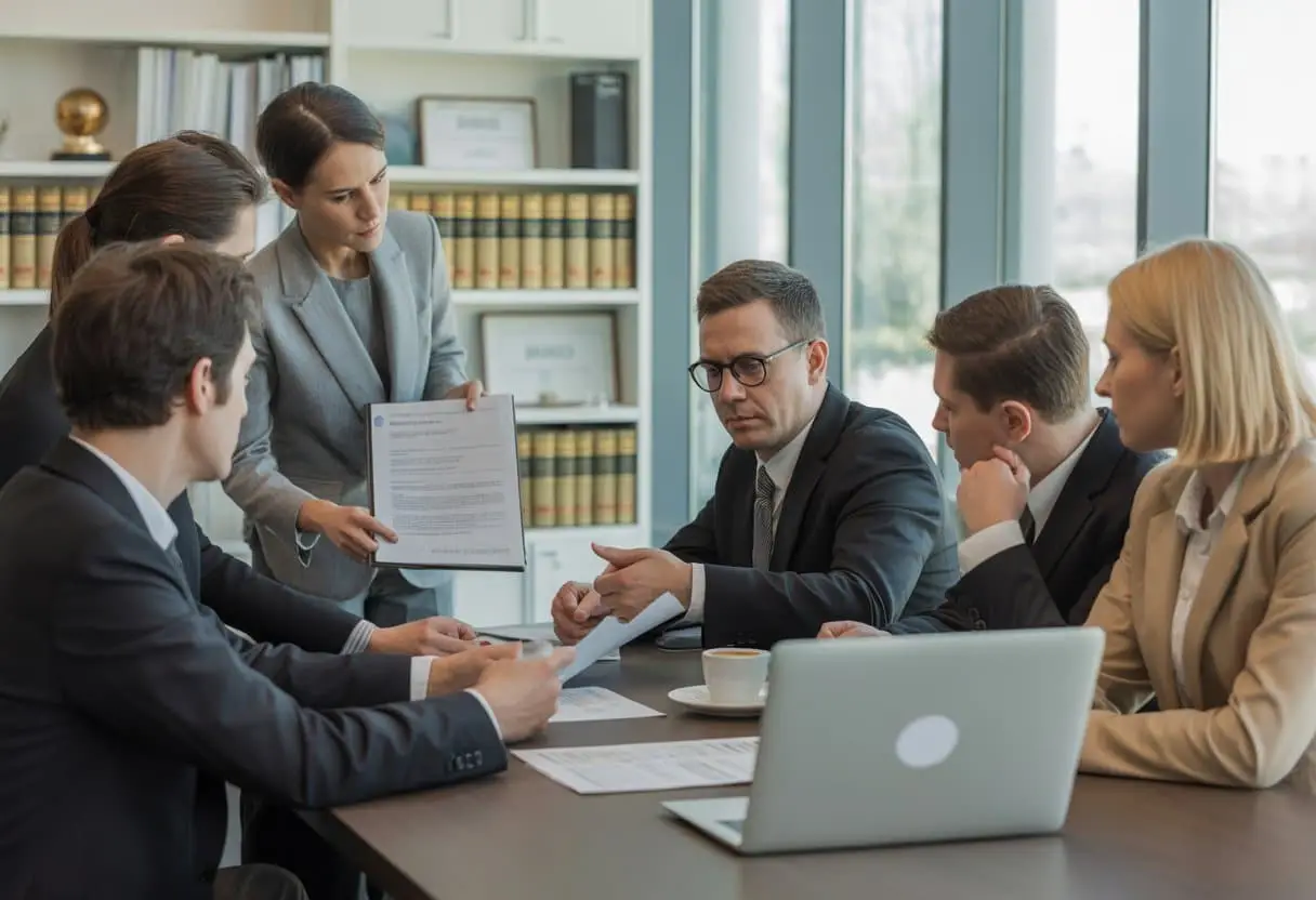 Een groep professionals bespreekt documenten in een kantooromgeving, met een serieuze en geconcentreerde sfeer.
