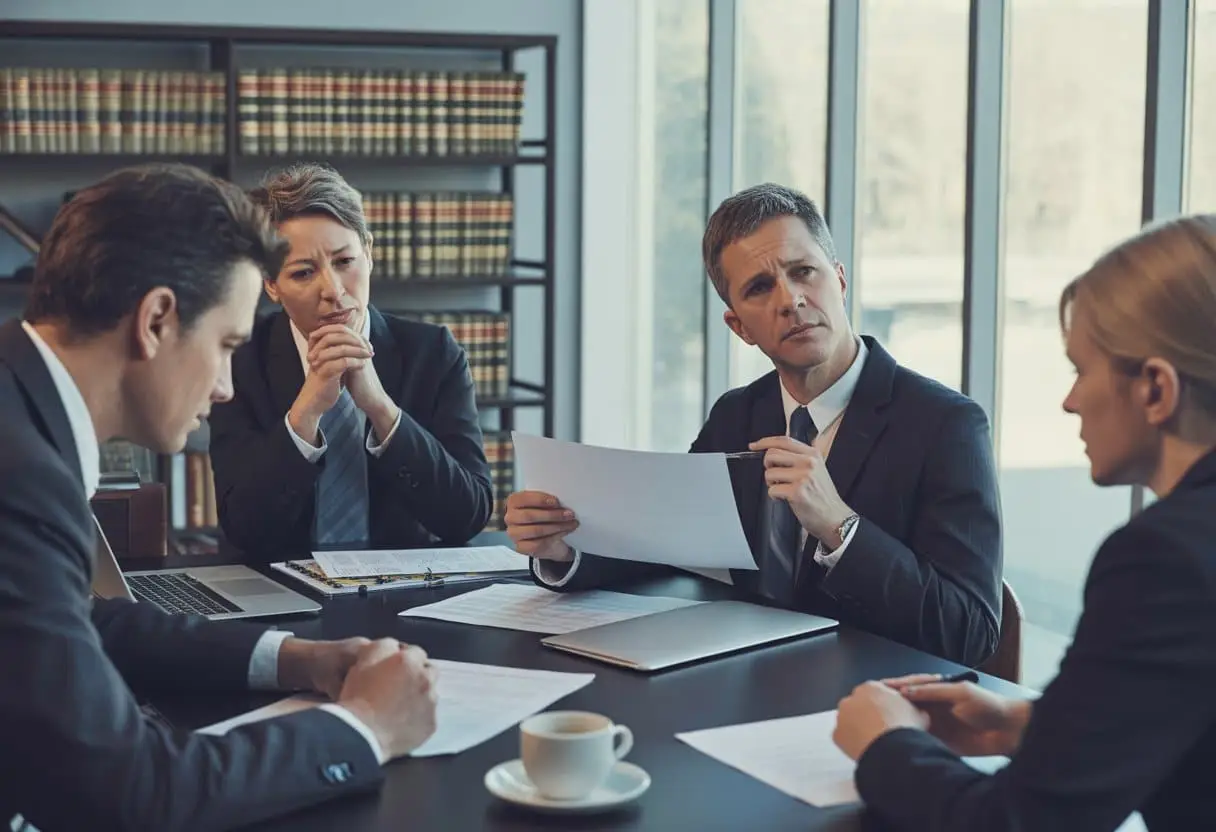 Een zakelijke vergadering met professionals die documenten bespreken in een modern kantoor.