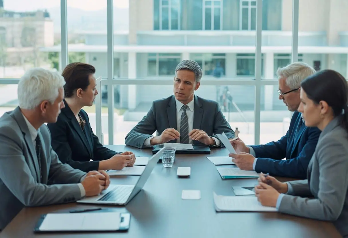 Een formele vergadering in een gemeentekantoor waar ambtenaren en bestuursleden rond een tafel zitten en documenten bespreken.