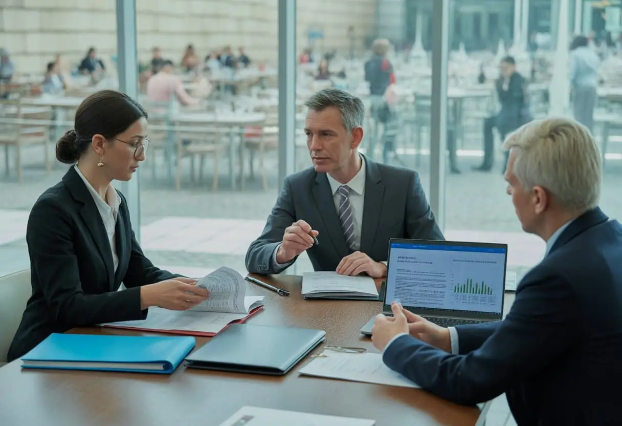 Professionals in een kantoor die documenten bespreken met op de achtergrond een stadsgezicht met horecagelegenheden.