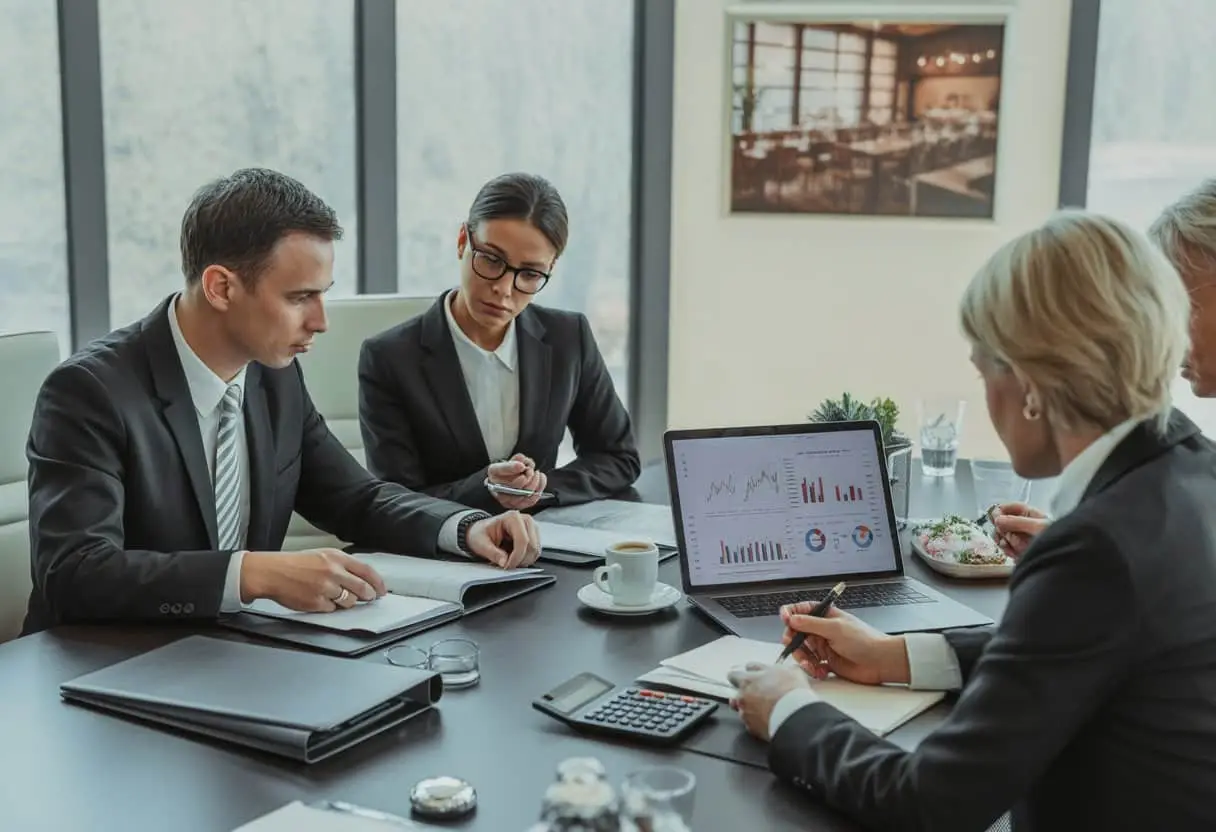 Een groep zakelijke professionals zit aan een tafel en bespreekt documenten tijdens een vergadering over de overname van een horecabedrijf.