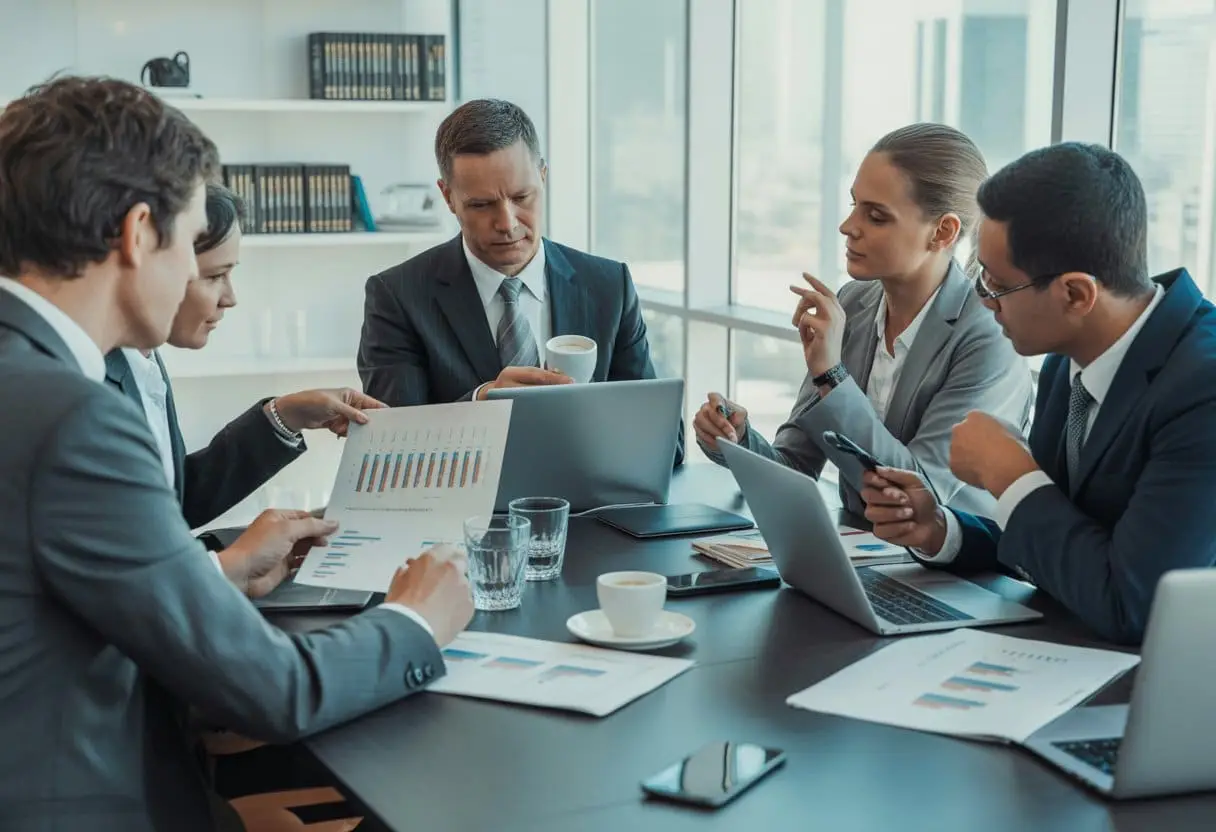 Een groep zakelijke professionals bespreekt documenten aan een vergadertafel in een kantooromgeving.