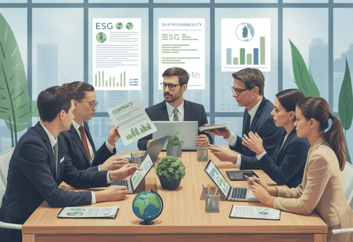 Een groep zakelijke professionals bespreekt duurzaamheidsclausules aan een vergadertafel in een modern kantoor.