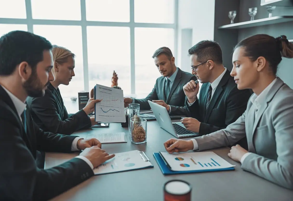 Een groep zakelijke professionals bespreekt documenten tijdens een vergadering over de overname van een horecabedrijf.