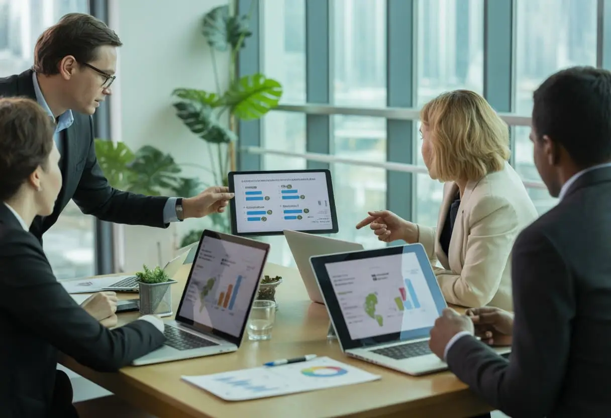Een groep professionals in een vergaderruimte bespreekt duurzaamheid en ESG-eisen aan een tafel met laptops en documenten.