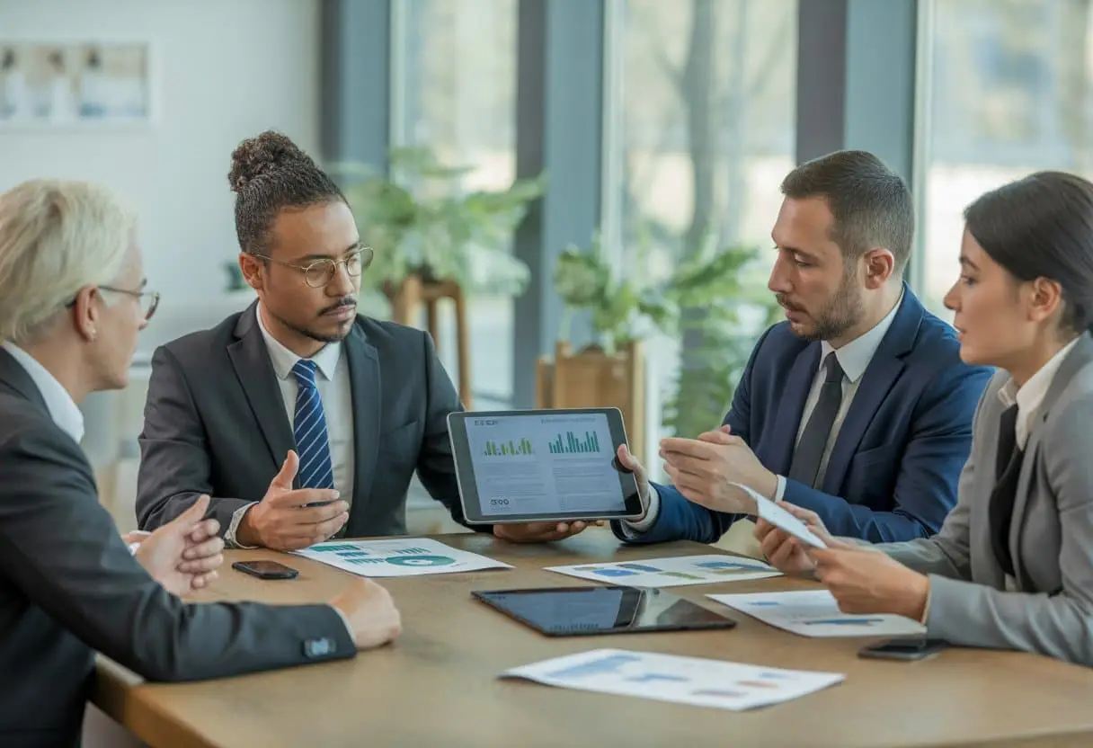 Een groep zakelijke professionals bespreekt documenten aan een vergadertafel in een moderne kantooromgeving.