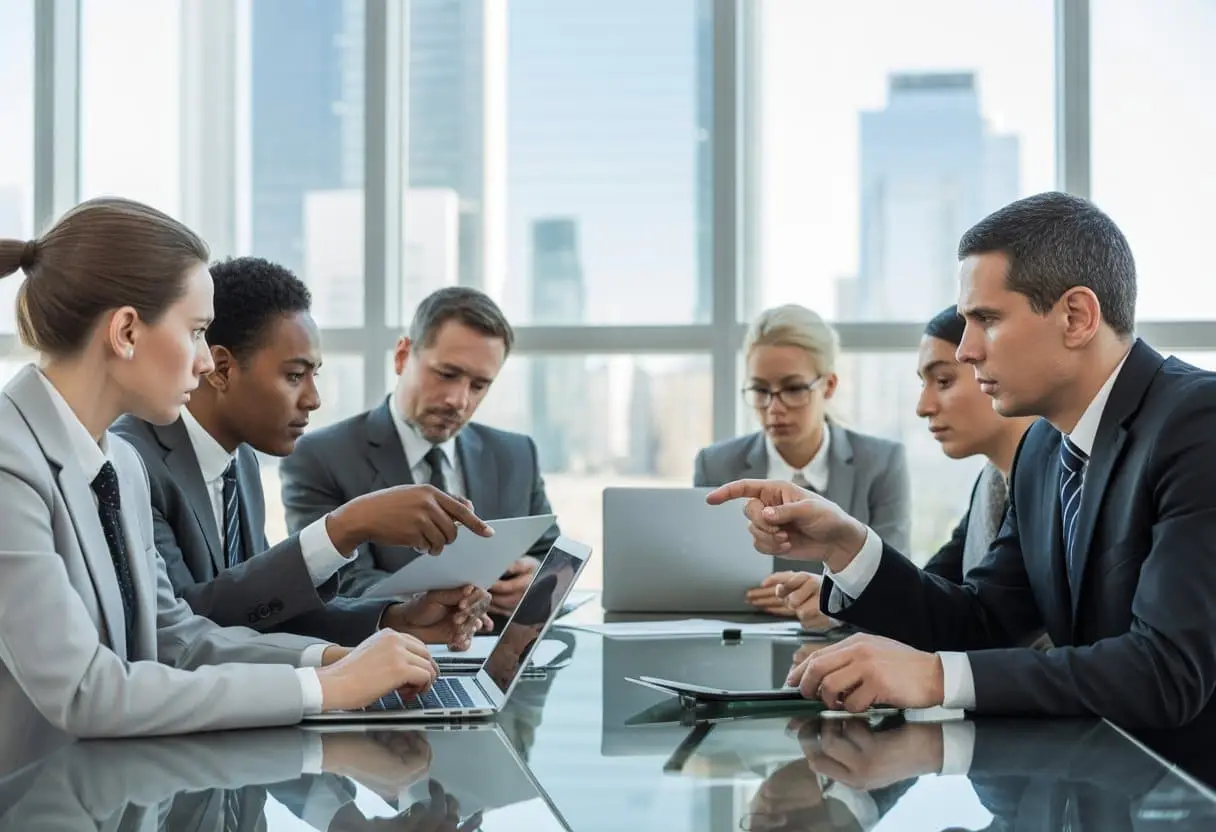 Een groep zakelijke professionals in een vergaderruimte die geconcentreerd een bespreking voeren over verantwoordelijkheid en aansprakelijkheid.