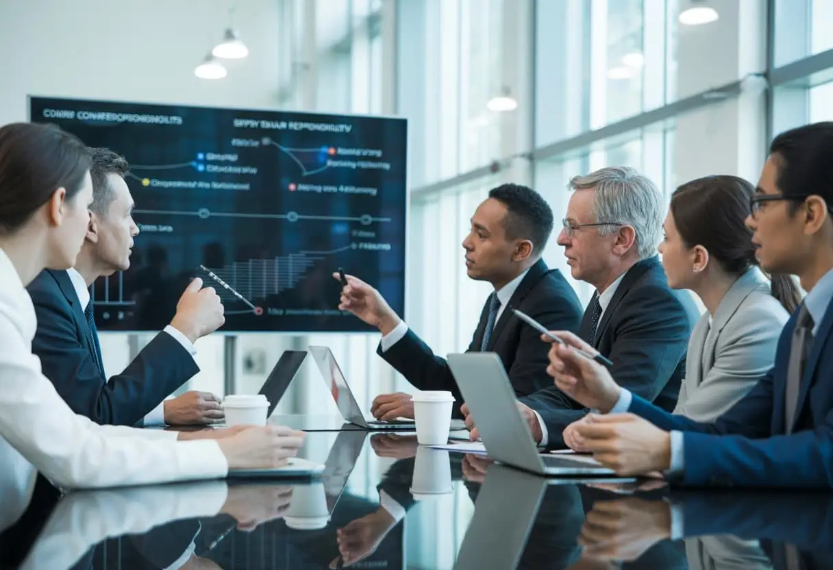 Een groep zakelijke professionals in een vergaderruimte bespreekt verantwoordelijkheden binnen een leveranciersketen.
