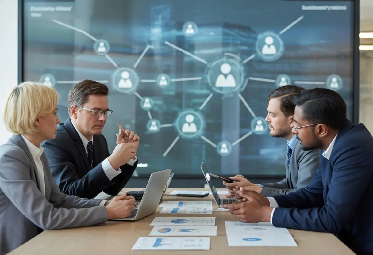 Een groep zakelijke professionals in een moderne kantooromgeving bespreekt samen een toeleveringsketen met digitale netwerken op een scherm.