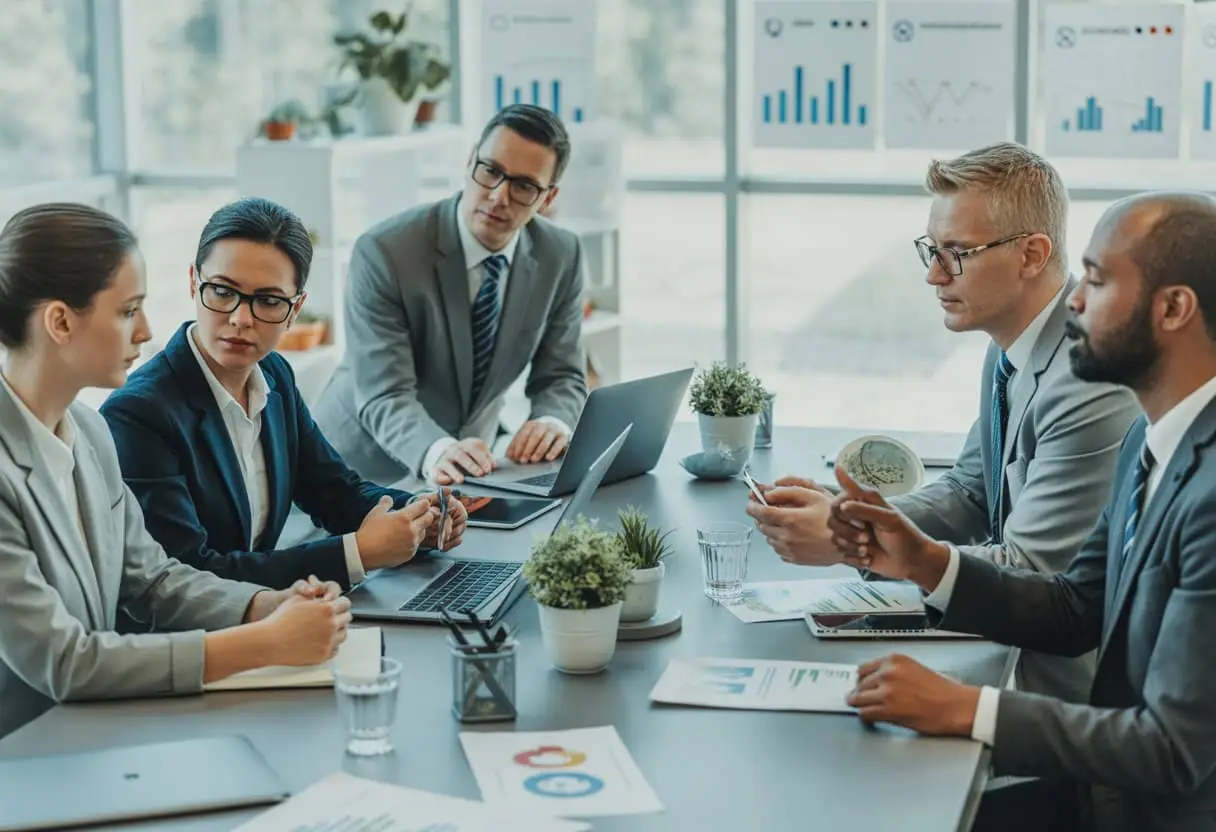 Een groep zakelijke professionals bespreekt in een vergaderruimte documenten over duurzaamheidscriteria en inkoopbeleid.