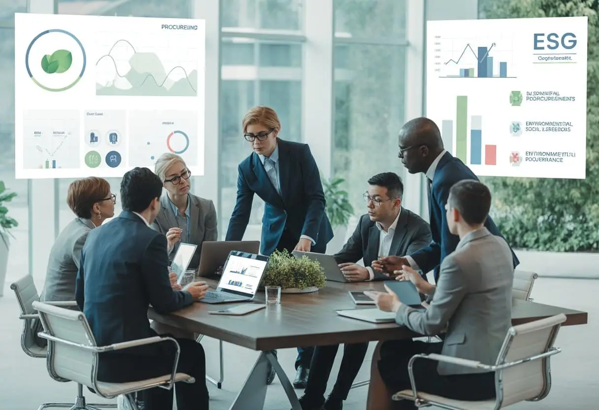 Een groep zakelijke professionals bespreekt in een moderne vergaderruimte strategieën voor duurzame inkoop en leveranciersselectie.