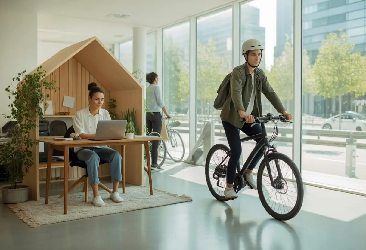 Een jonge professional werkt thuis aan een laptop in een lichte kamer met planten, terwijl op de achtergrond een collega op een elektrische fiets het kantoor binnenkomt.