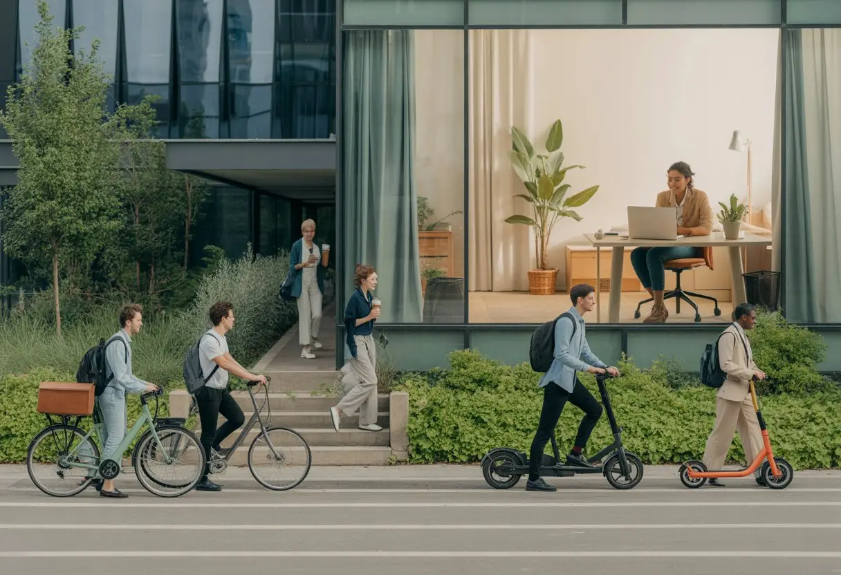 Mensen die duurzaam naar hun werk reizen met fietsen en elektrische steps, en iemand die thuis werkt achter een bureau met planten.