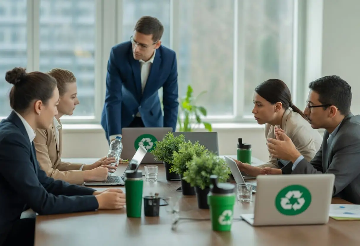 Een groep werknemers in een kantoor vergadert over duurzame beleidskeuzes, omringd door planten en milieuvriendelijke objecten.
