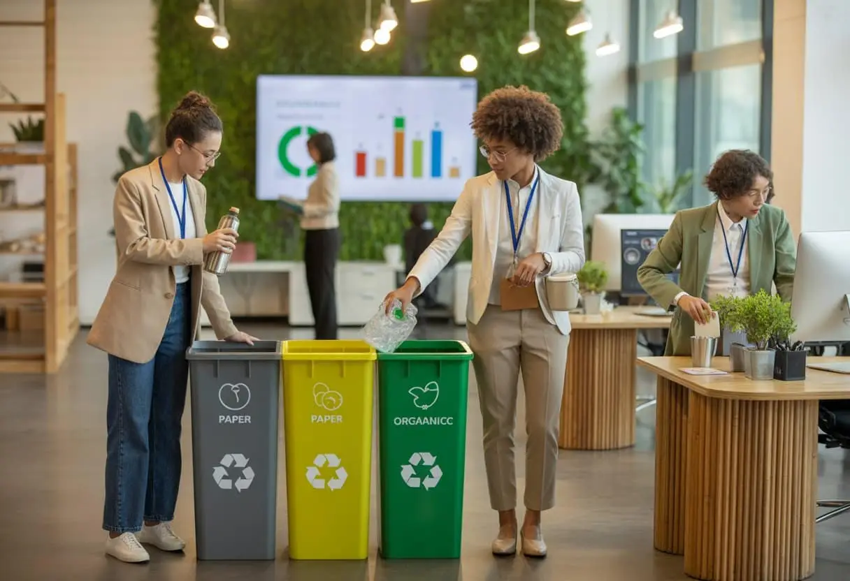 Een kantooromgeving waar werknemers duurzame keuzes maken, zoals het gebruiken van herbruikbare flessen en afval scheiden in recyclingbakken.