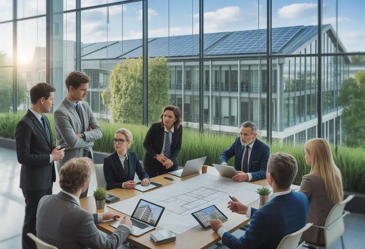 Verduurzaming van bedrijfsgebouwen: welke vergunningen en juridische valkuilen zijn er? 1 Een groep professionals bespreekt vergunningen en plannen voor duurzame aanpassingen aan een modern kantoorgebouw.