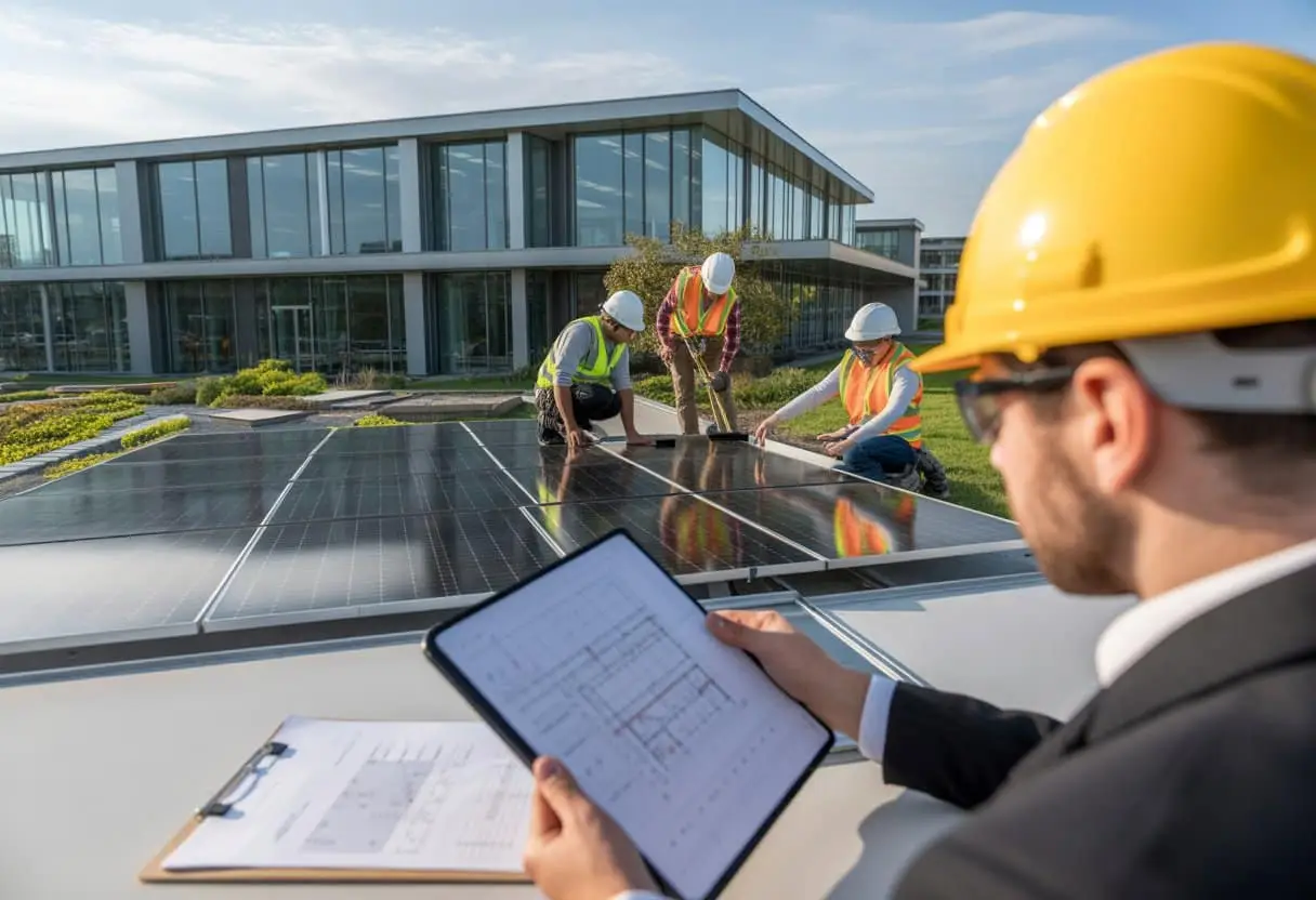 Verduurzaming van bedrijfsgebouwen: welke vergunningen en juridische valkuilen zijn er? 3 Een modern bedrijfsgebouw waar werknemers zonnepanelen installeren en een projectmanager vergunningen controleert.