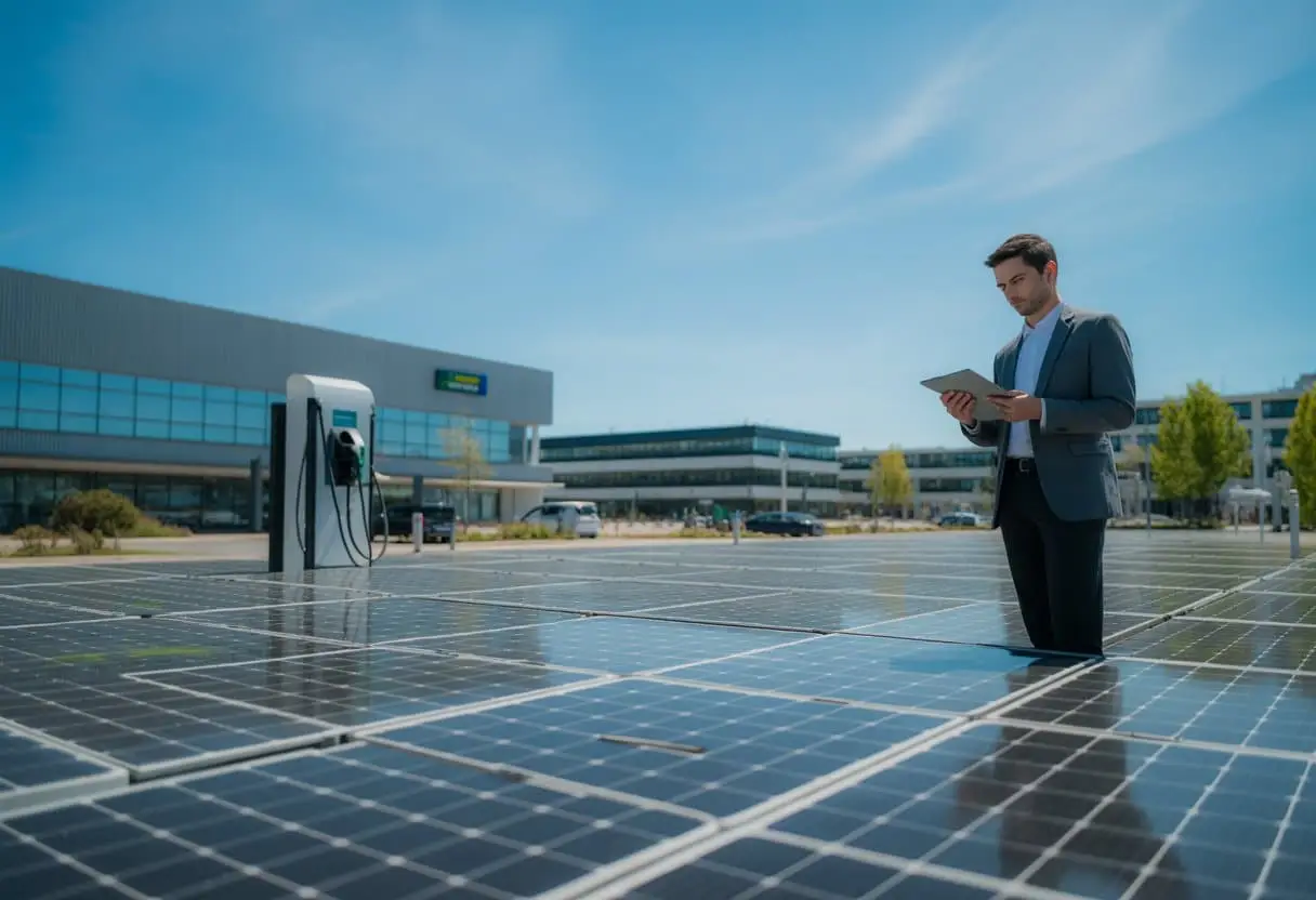 Bedrijfsgebouw met zonnepanelen op het dak, een laadpaal en een ondernemer die documenten bekijkt.