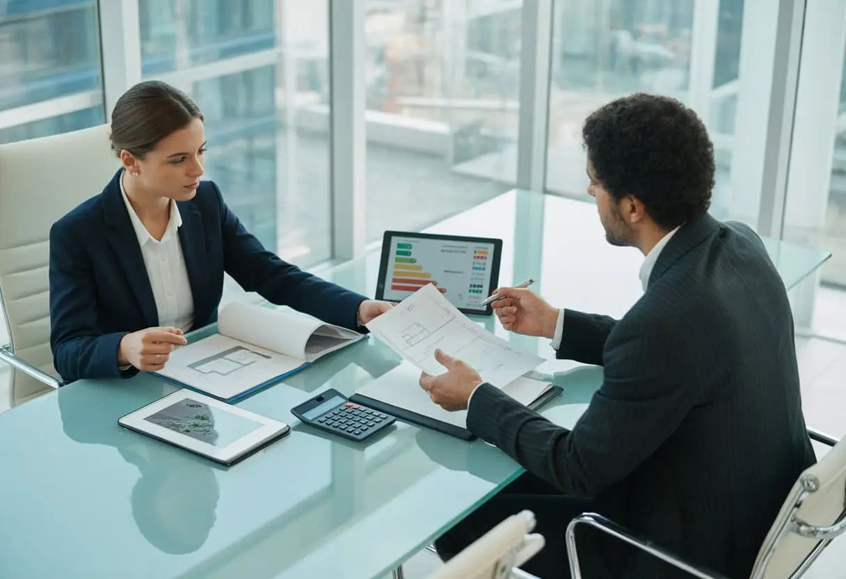 Huurder of verhuurder van bedrijfsruimte: wie betaalt de rekening voor verduurzaming? 3 Twee zakelijke professionals bespreken een huurcontract in een modern kantoor, met documenten over verduurzaming op tafel.
