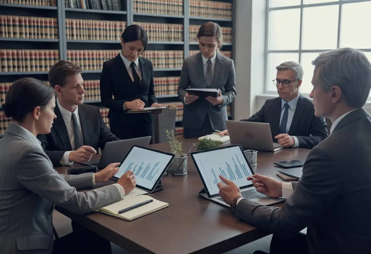 Een groep deskundigen en juridische professionals zit rond een vergadertafel in een moderne rechtszaal, bezig met overleg en het bekijken van documenten.