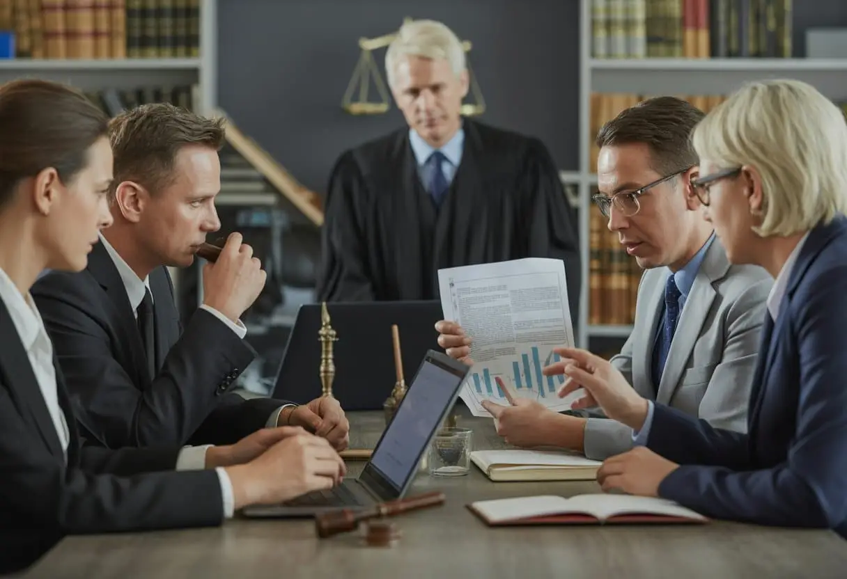 Een groep professionals in een rechtszaal die deskundigen raadplegen tijdens een civiele procedure.